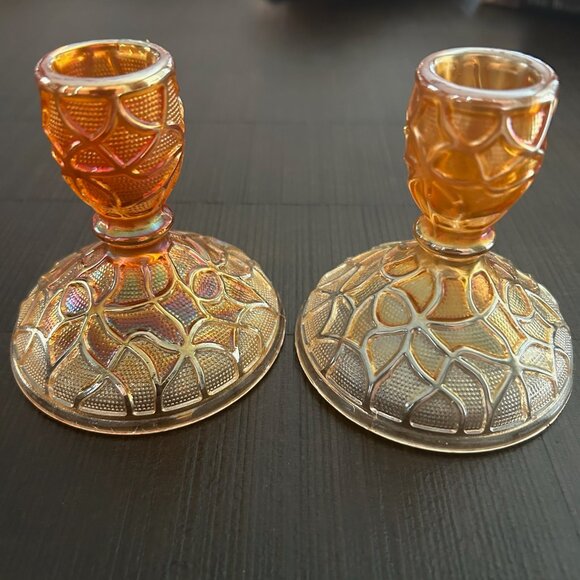 Vintage Imperial Glass Tree of Life Candlesticks Set  Iridescent Marigold - Picture 7 of 7